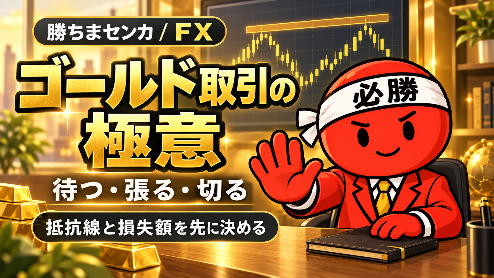 金色の背景と抵抗帯の図を前に、待つ・張る・切るを伝える勝ちまセンカのキャラクター