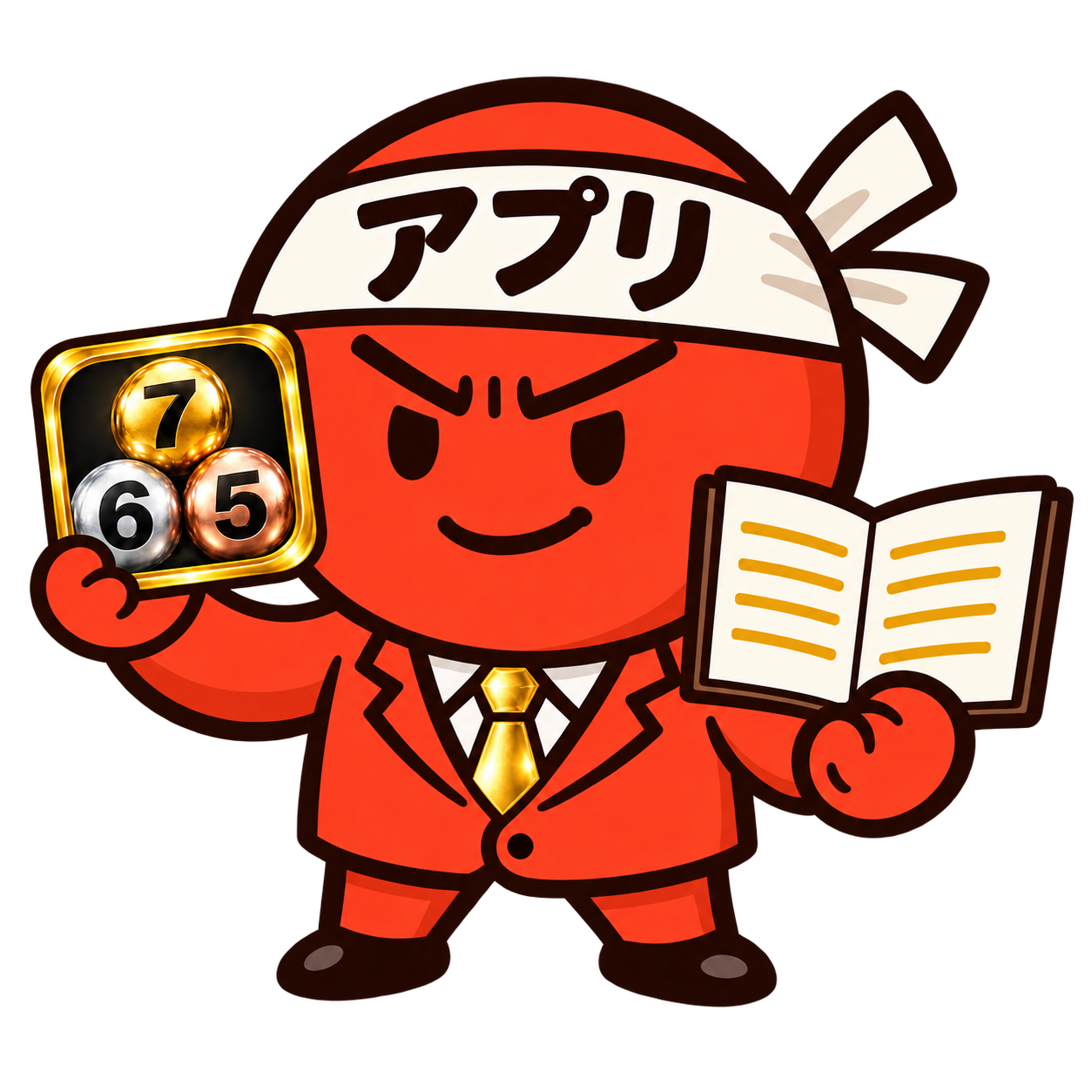 「アプリ」のハチマキと金色のネクタイで、解説書とロトアプリアイコンを持つ勝ちまセンカのキャラクター